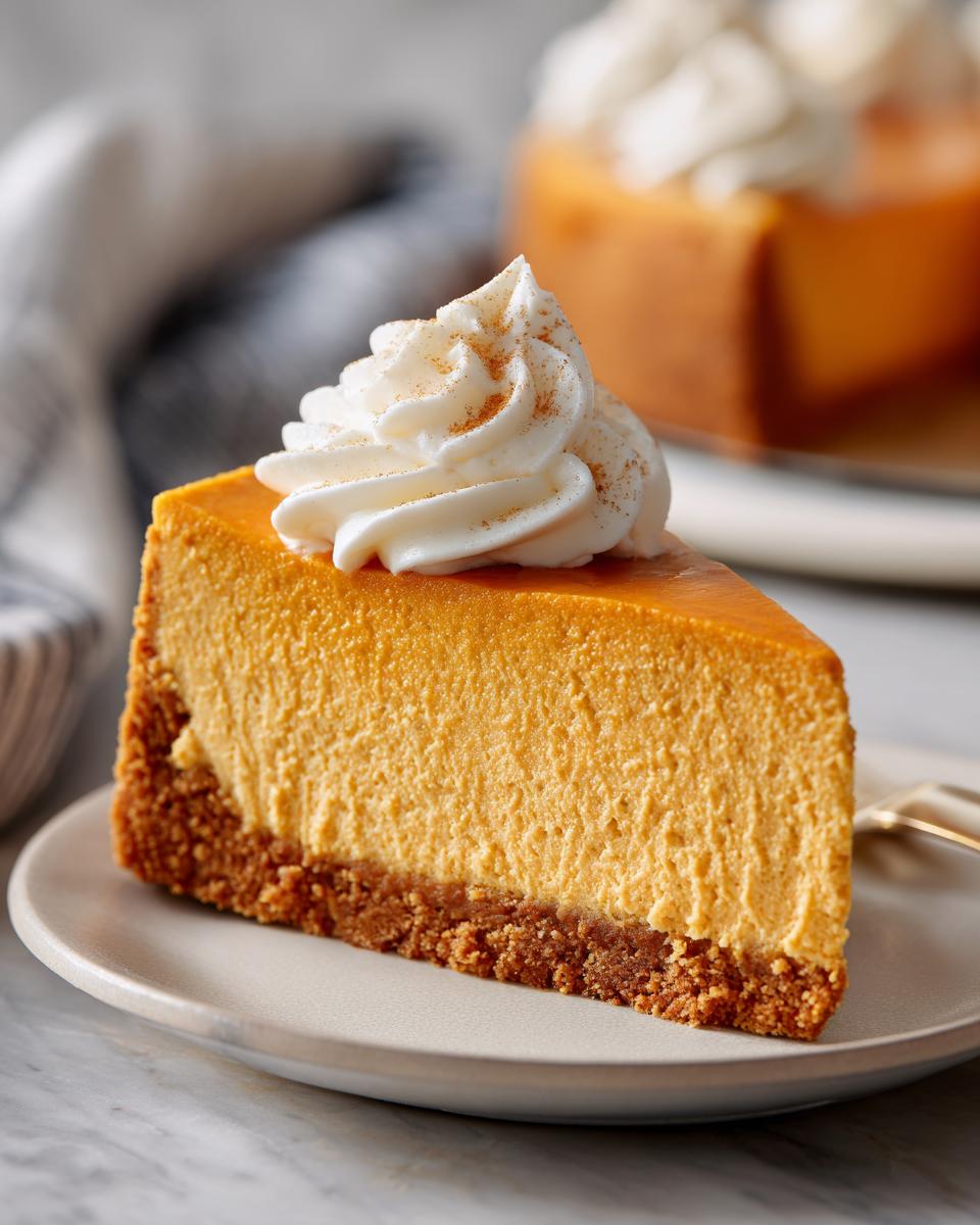 A delicious slice of no bake pumpkin cheesecake topped with whipped cream and cinnamon.