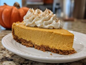 A delicious slice of no bake pumpkin cheesecake topped with whipped cream and cinnamon on a white plate.