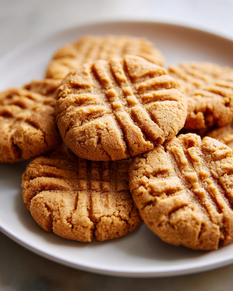 A close-up of several perfectly baked peanut butter cookies with classic criss-cross fork marks on a white plate.