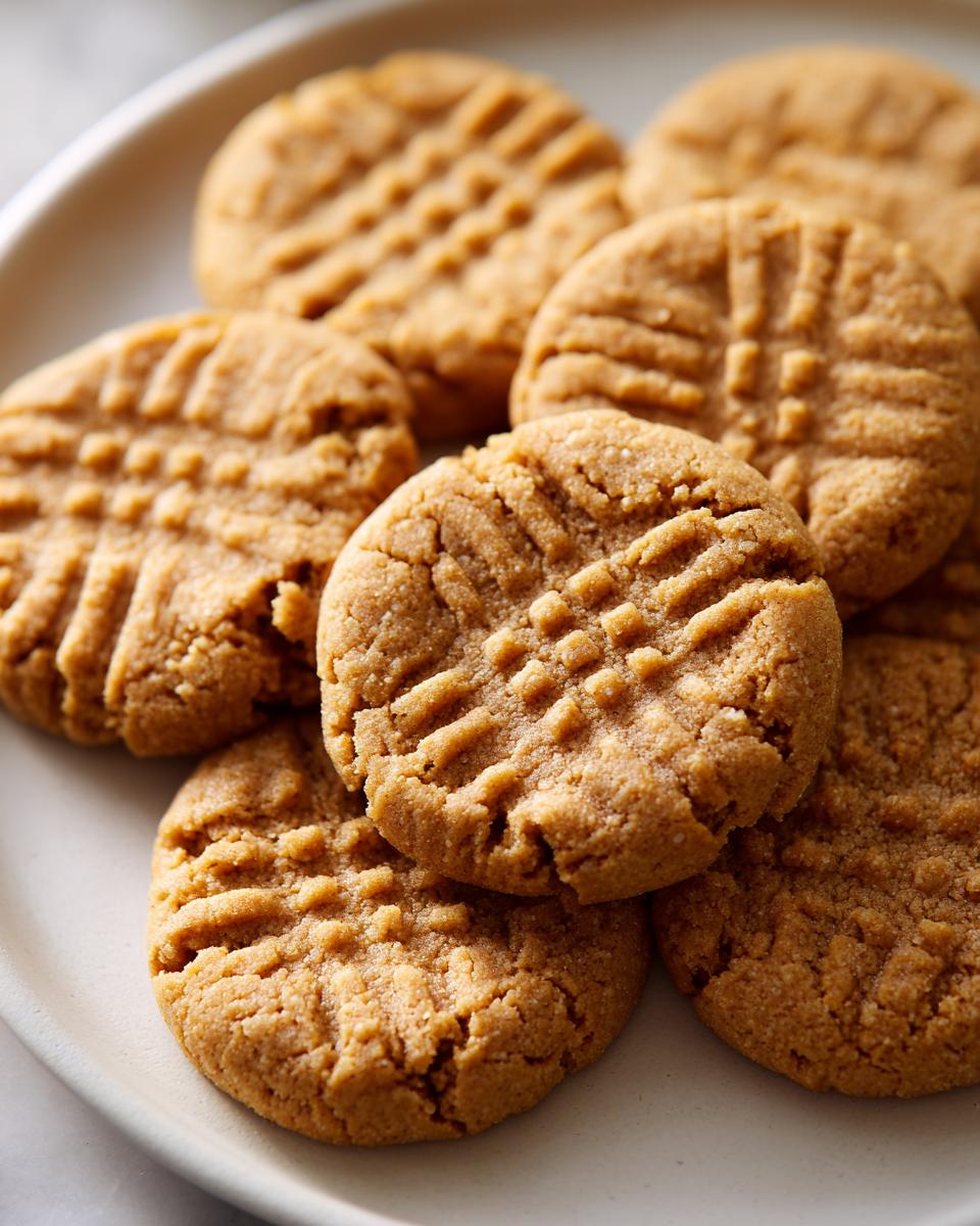 A close-up of several perfectly baked peanut butter cookies with classic criss-cross fork marks.