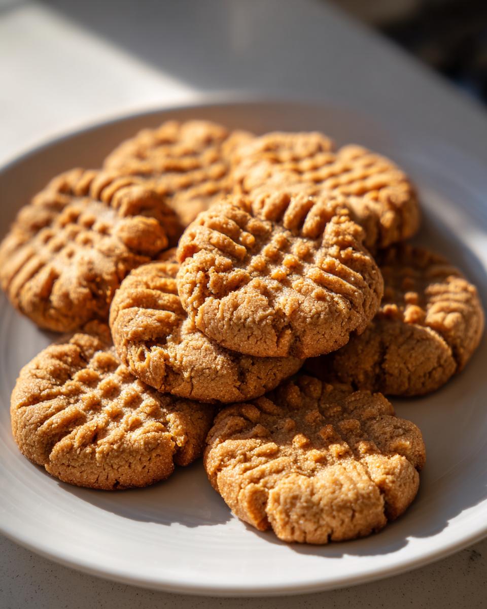 A close-up of a pile of classic peanut butter cookies with fork marks on a white plate.