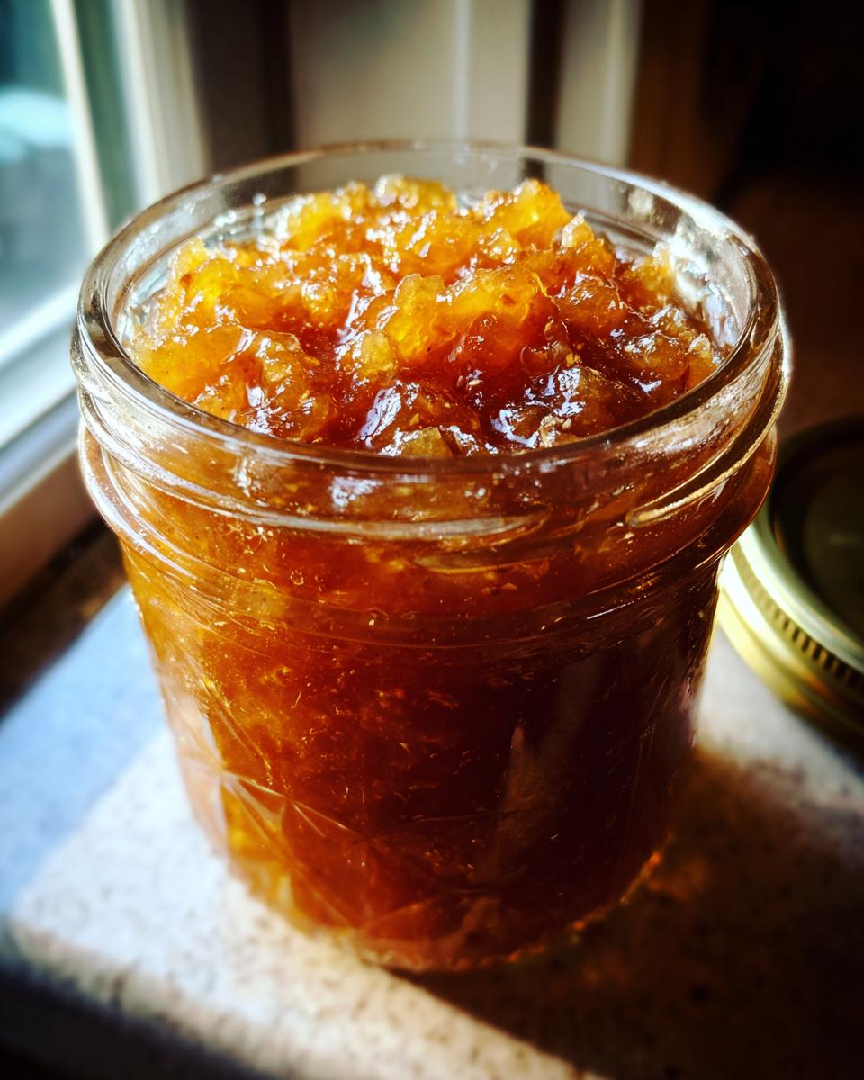 Close-up of a glass jar filled with glistening, homemade Pear Preserves.