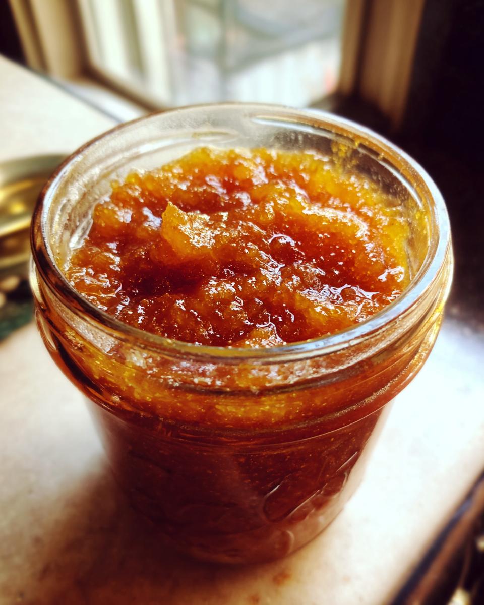 Close-up of a glass jar filled with glistening, amber-colored Pear Preserves.
