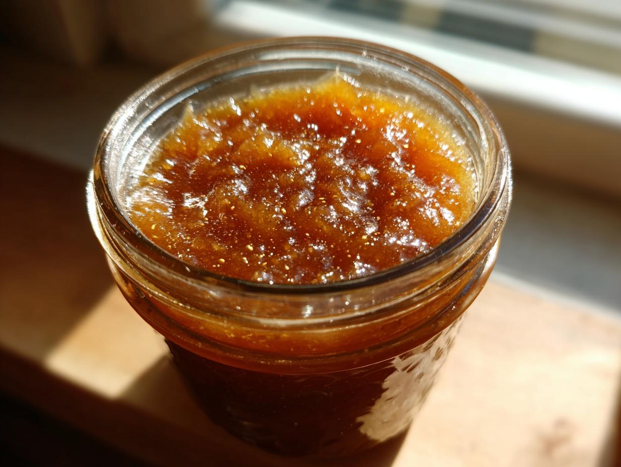 Close-up of a glass jar filled with glistening homemade pear preserves, bathed in natural light.