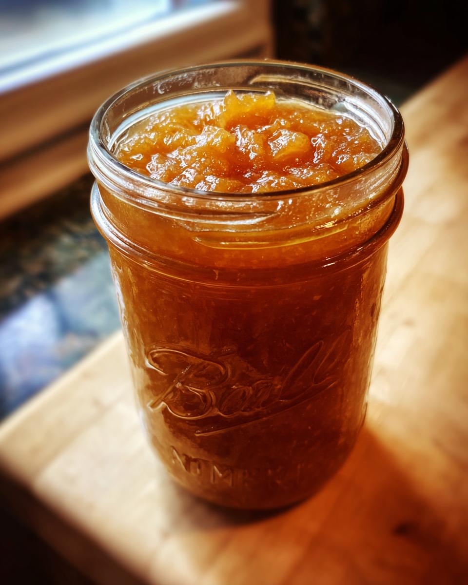 A close-up shot of a glass jar filled with glistening, homemade pear preserves.