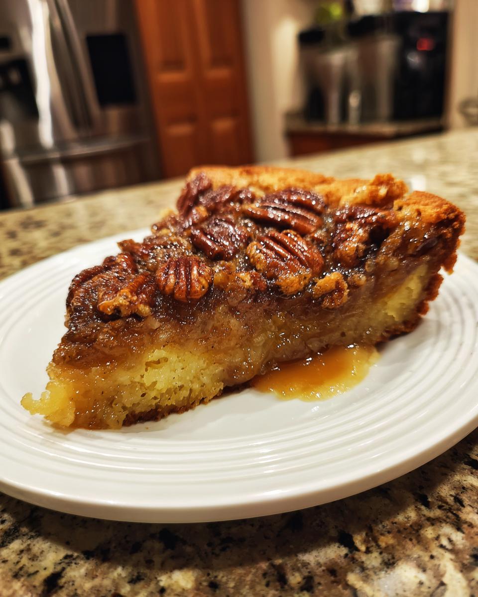A delicious slice of pecan pie dump cake on a white plate, showcasing a gooey caramel filling and whole pecans.