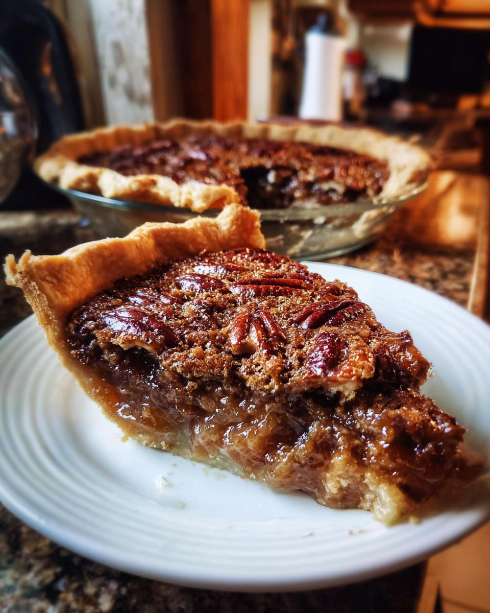 A close-up of a slice of pecan pie dump cake on a white plate, showing the gooey filling and pecan topping.