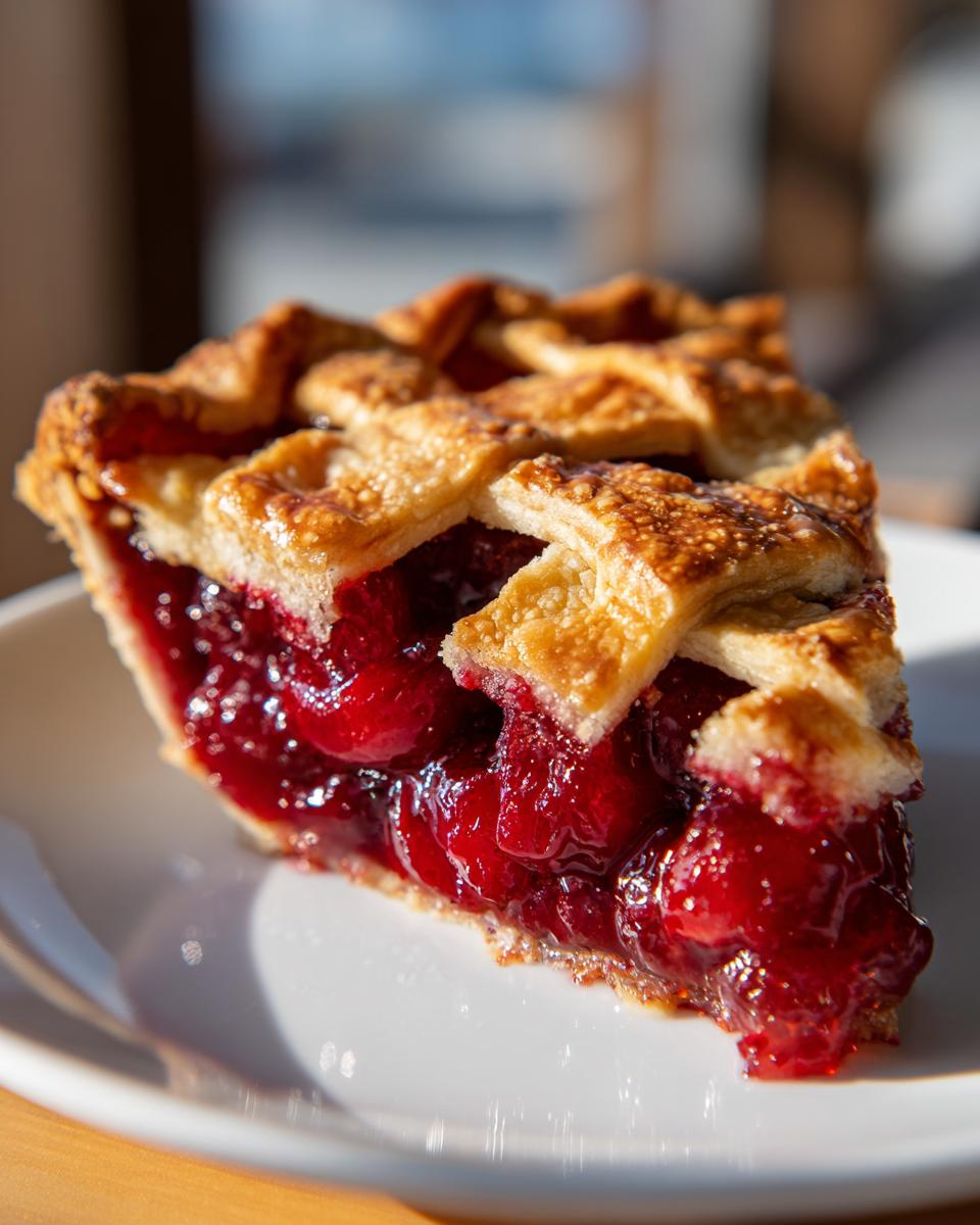 A close-up of a thick slice of cherry pie with a golden lattice crust, showcasing the juicy cherry filling.