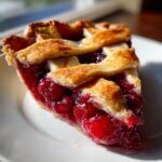 A close-up of a slice of perfect cherry pie, showcasing a thick filling of bright red cherries and a golden, lattice-top crust.