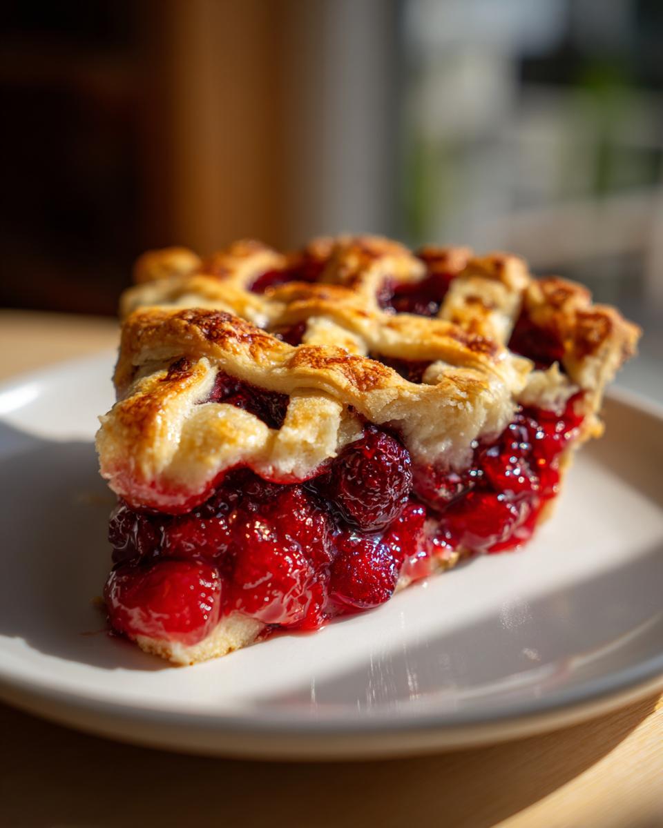 A close-up of a slice of perfect cherry pie, showcasing a thick, juicy cherry filling and a golden lattice crust.