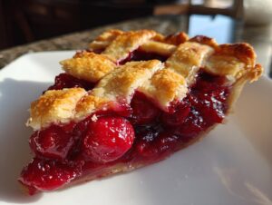 A close-up shot of a slice of perfect cherry pie, featuring a golden lattice crust and a generous filling of bright red cherries.
