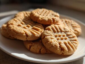 A close-up shot of several perfect peanut butter cookies with classic fork marks on a white plate.