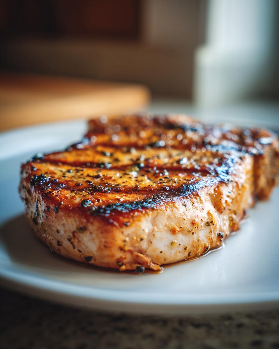 Close-up of a perfectly grilled pork chop, showcasing its juicy interior and seasoned crust, prepared with an amazing marinade.
