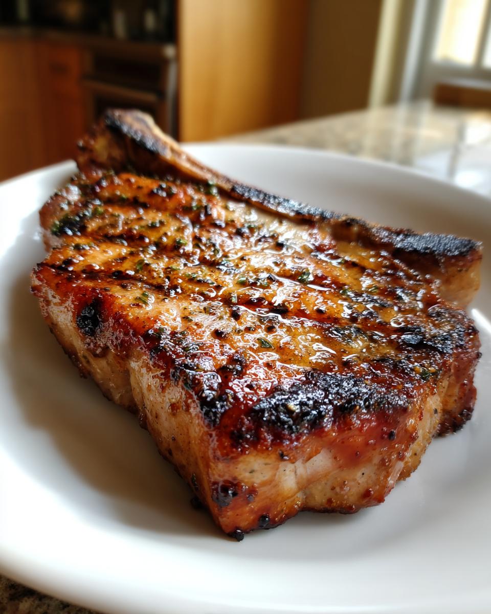 Close-up of a perfectly grilled pork chop, glistening with marinade and sprinkled with herbs.