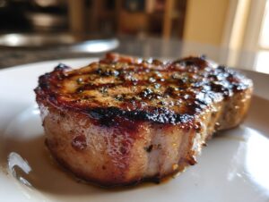 Close-up of a perfectly cooked pork chop, showcasing its juicy interior and caramelized exterior from a delicious marinade.