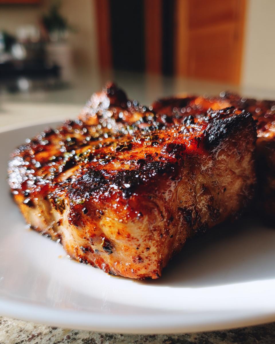 Close-up of perfectly grilled pork chops, showcasing a rich, caramelized marinade.