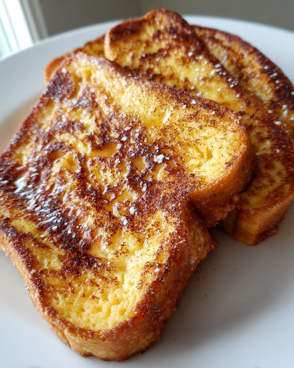 Three golden-brown slices of protein French toast dusted with cinnamon and powdered sugar on a white plate.