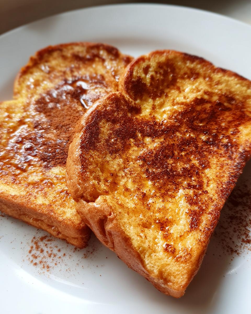 Close-up of two slices of golden-brown Protein French Toast dusted with cinnamon on a white plate.