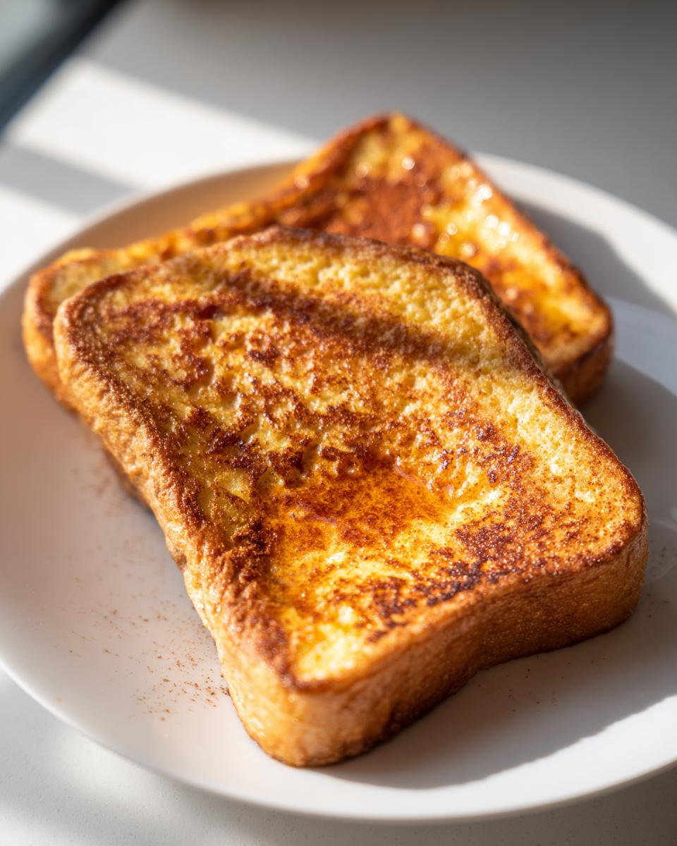 Close-up of two golden-brown slices of protein French toast on a white plate, dusted with cinnamon.