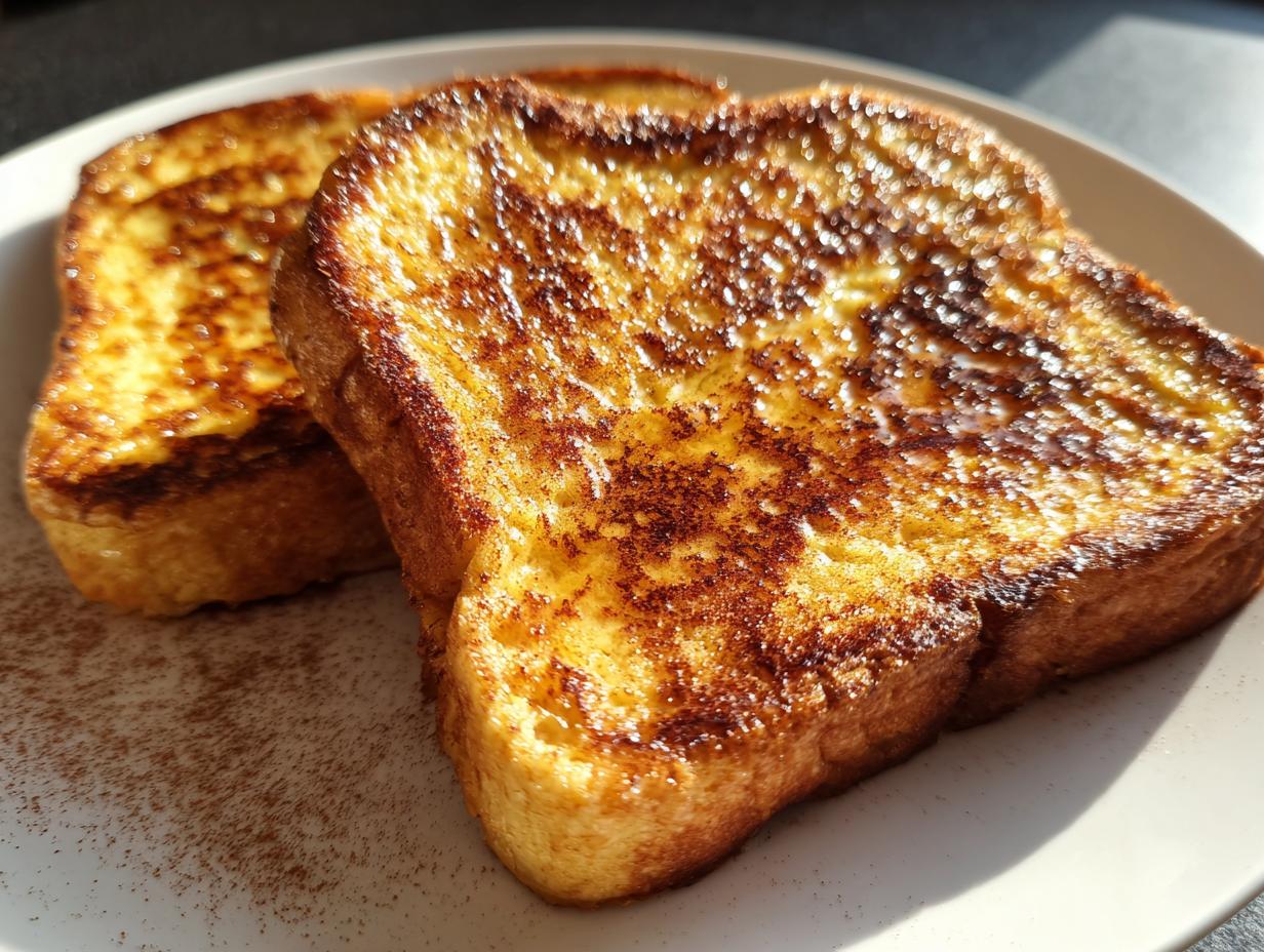 Close-up of two golden-brown slices of protein french toast dusted with cinnamon on a white plate.
