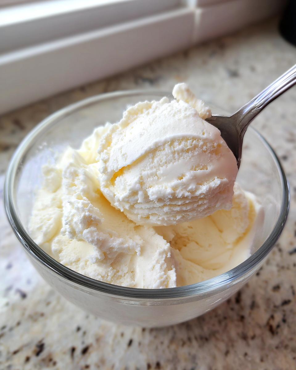 A close-up shot of creamy protein ice cream being scooped into a glass bowl.