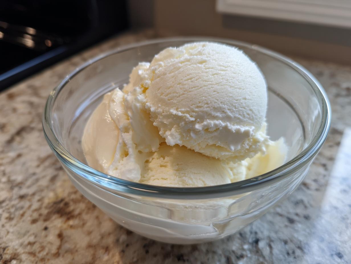A close-up shot of creamy protein ice cream scooped into a clear glass bowl.