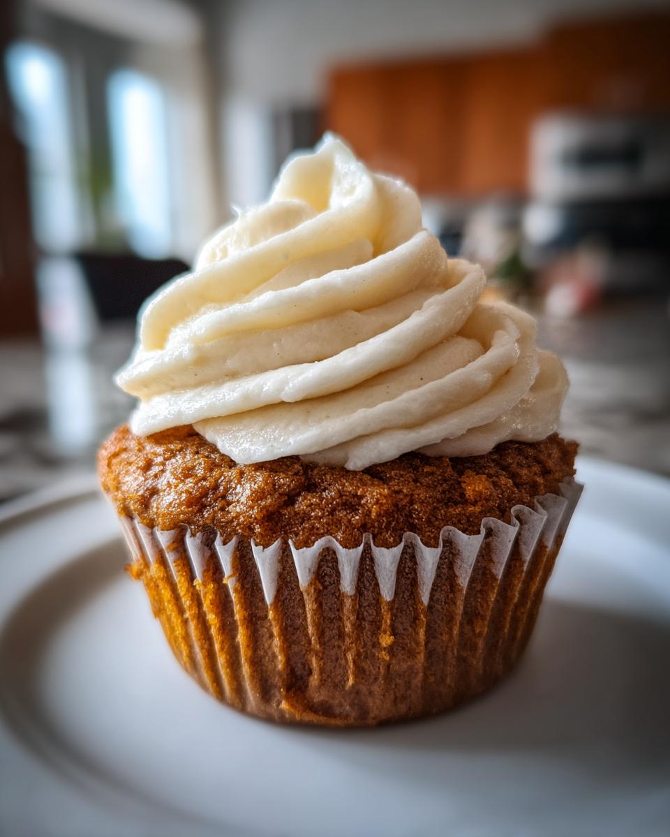 A close-up of a tall, domed pumpkin spice cupcake topped with swirls of cream cheese frosting.