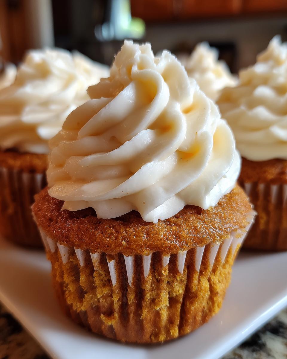 Close-up of a delicious pumpkin spice cupcake topped with swirls of creamy white frosting.