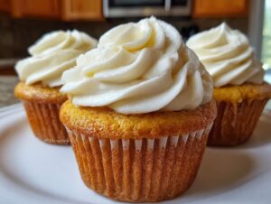 Three tall pumpkin spice cupcakes topped with swirls of creamy white frosting on a white plate.