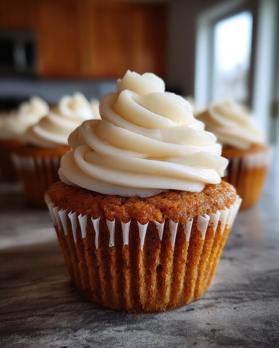 Close-up of a perfectly baked pumpkin spice cupcake topped with swirls of cream cheese frosting.