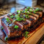 Close-up of sliced Seared Ahi Tuna, coated in sesame seeds and drizzled with sauce, garnished with green onions.