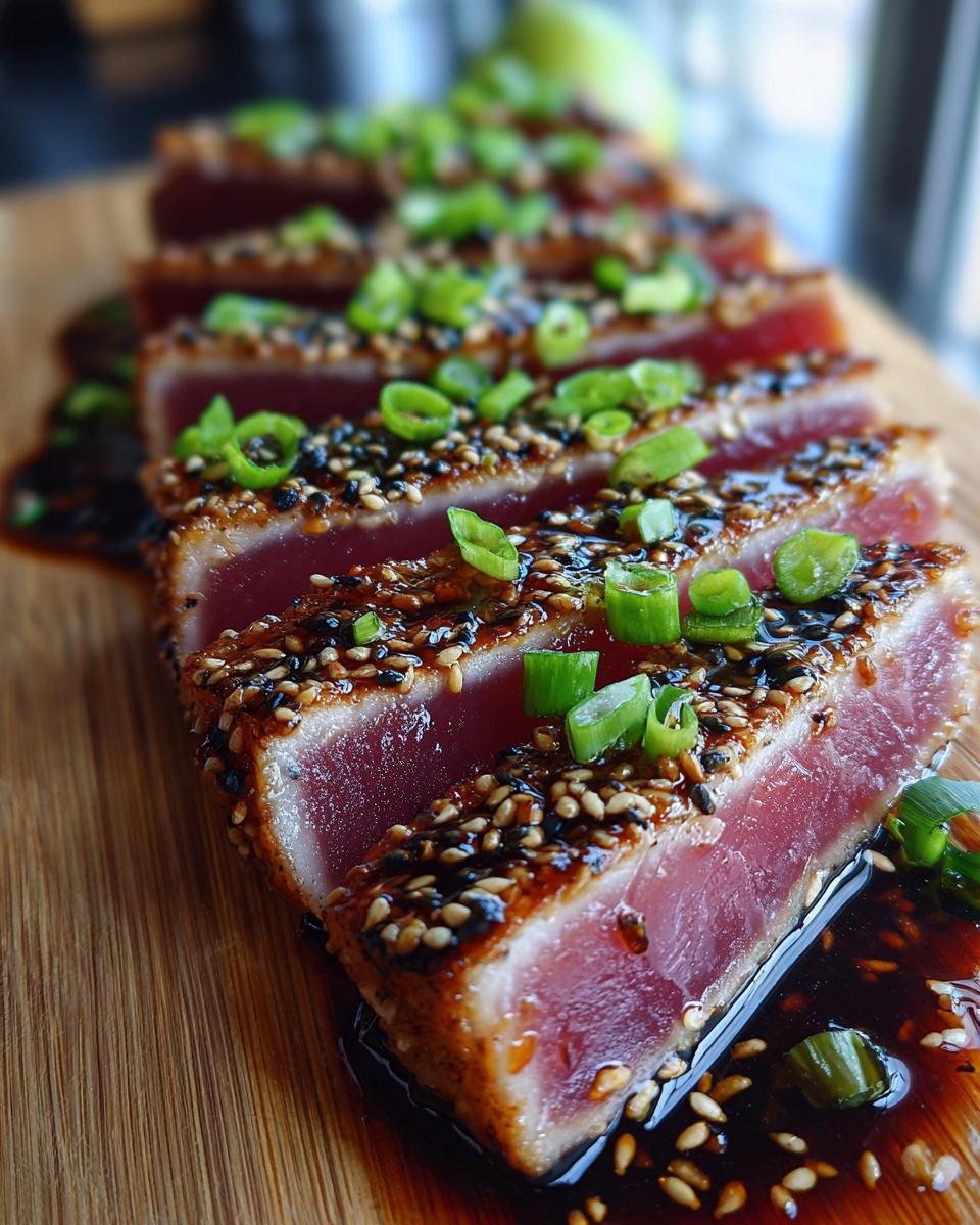 Close-up of perfectly seared ahi tuna slices, coated in sesame seeds and drizzled with sauce, garnished with green onions.
