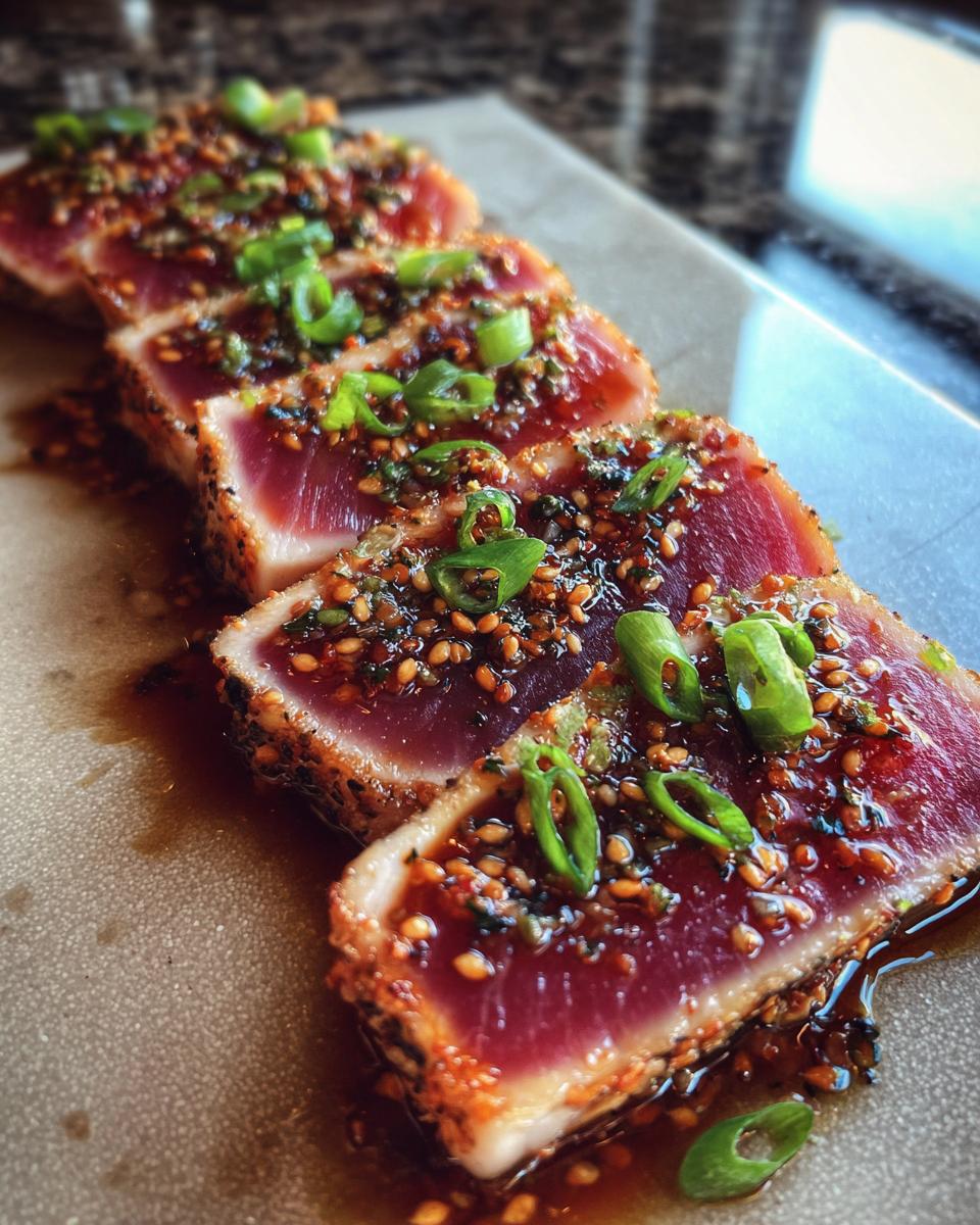 Close-up of perfectly seared ahi tuna slices, coated in sesame seeds and drizzled with a savory sauce, garnished with green onions.