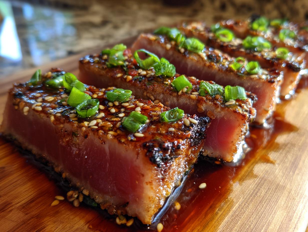 Close-up of sliced Seared Ahi Tuna, coated in sesame seeds and green onions, resting in a glossy sauce.