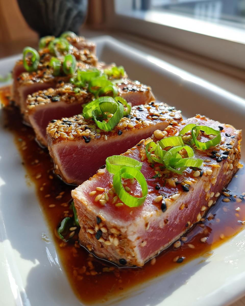Close-up of perfectly seared ahi tuna steaks, coated in sesame seeds and topped with fresh scallions, served in a savory sauce.