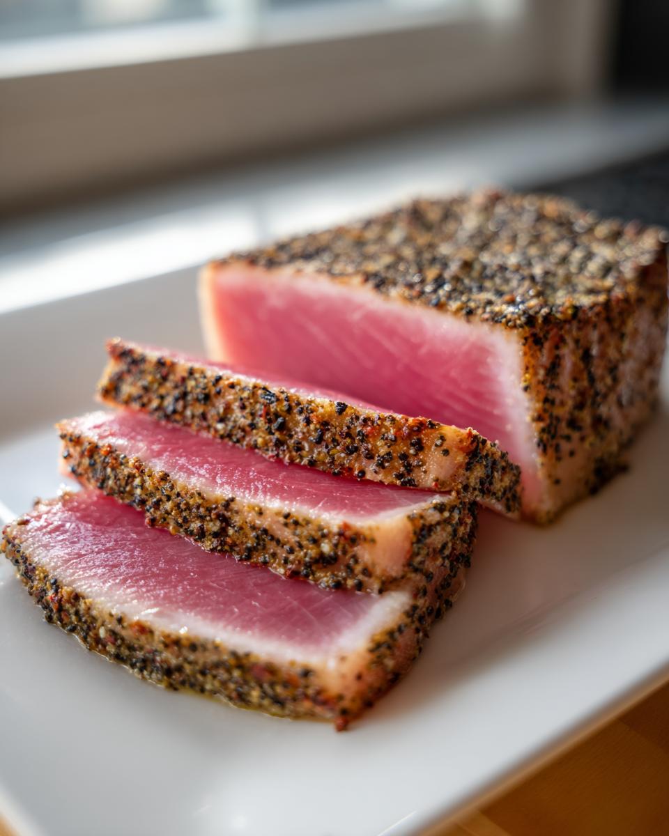 Close-up of three perfectly seared tuna steaks with a black pepper crust, served on a white plate.