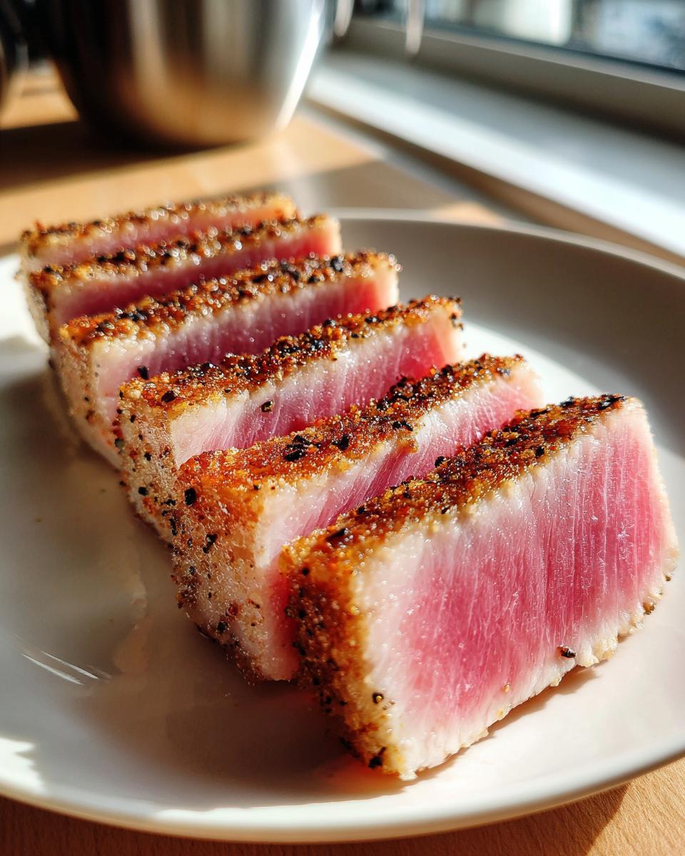 Close-up of five perfectly seared tuna steaks, coated in a spice rub, on a white plate.
