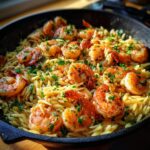 Close-up of shrimp orzo in lemon garlic sauce, garnished with fresh parsley, served in a cast-iron skillet.