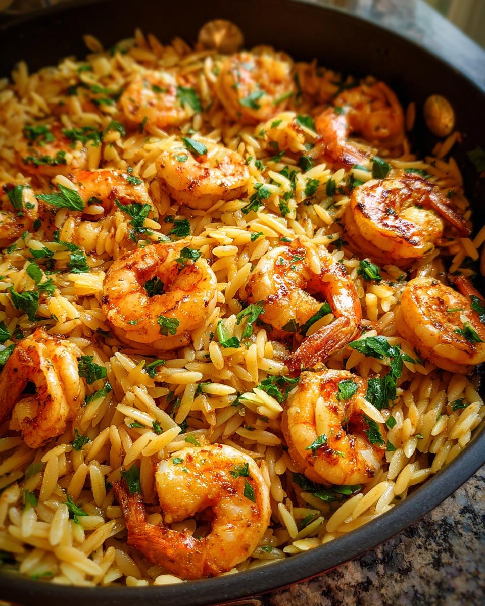 Close-up of shrimp orzo in lemon garlic sauce, garnished with fresh parsley.