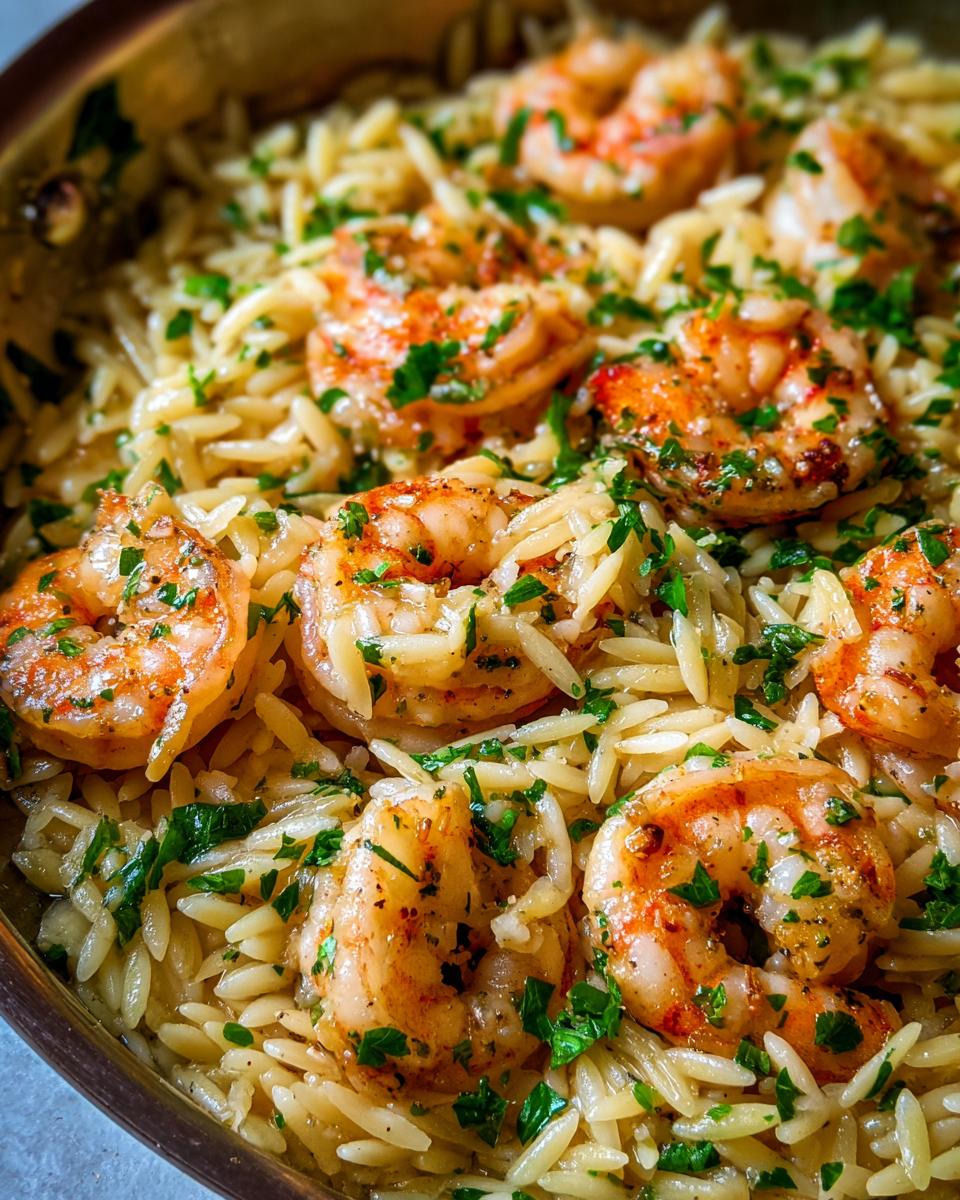 Close-up of succulent shrimp cooked in a lemon garlic sauce with orzo pasta and fresh parsley.