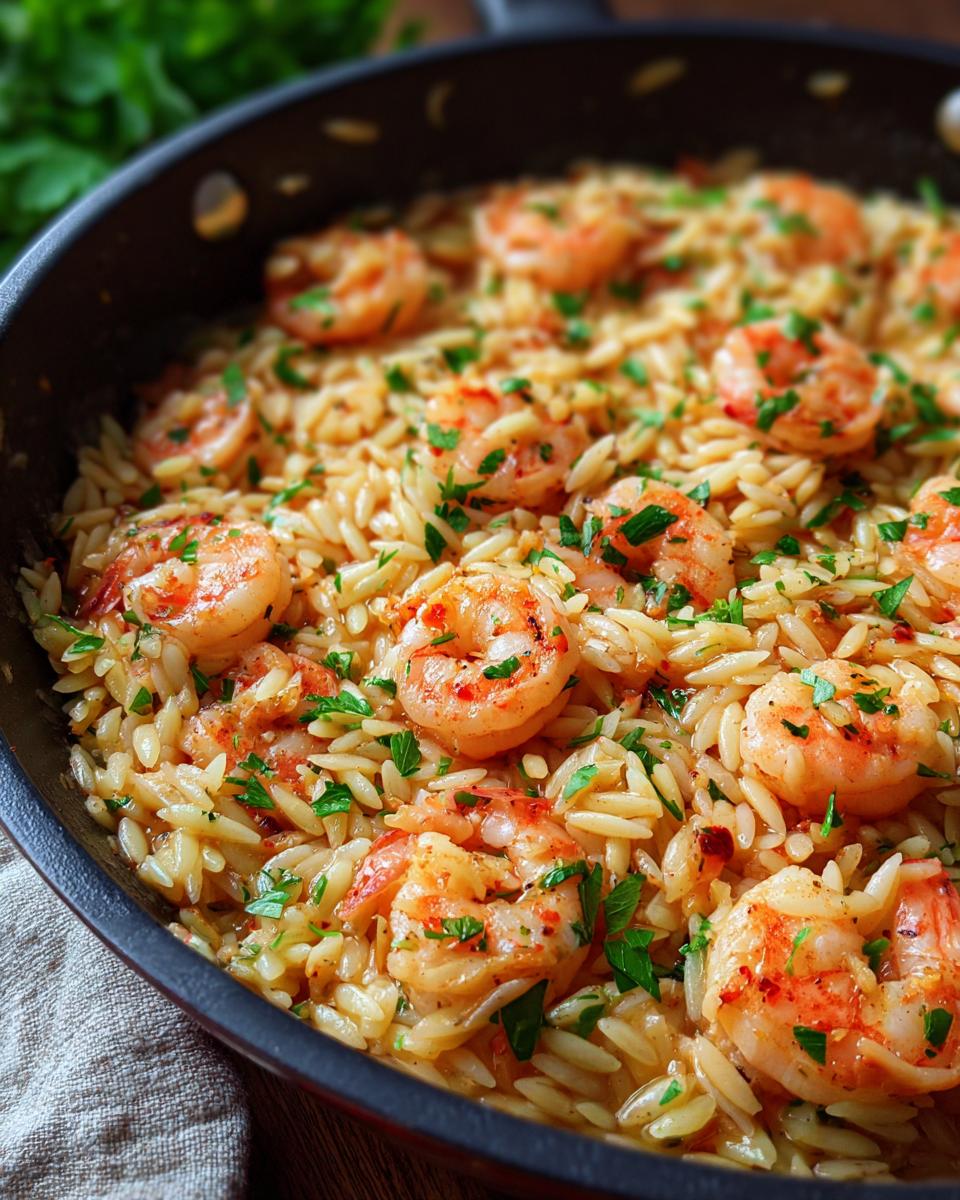 Close-up of shrimp orzo in lemon garlic sauce, garnished with fresh parsley in a skillet.