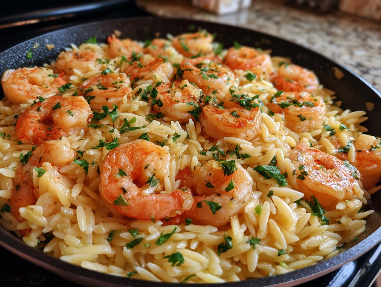 Close-up of delicious shrimp orzo in lemon garlic sauce, garnished with fresh parsley.
