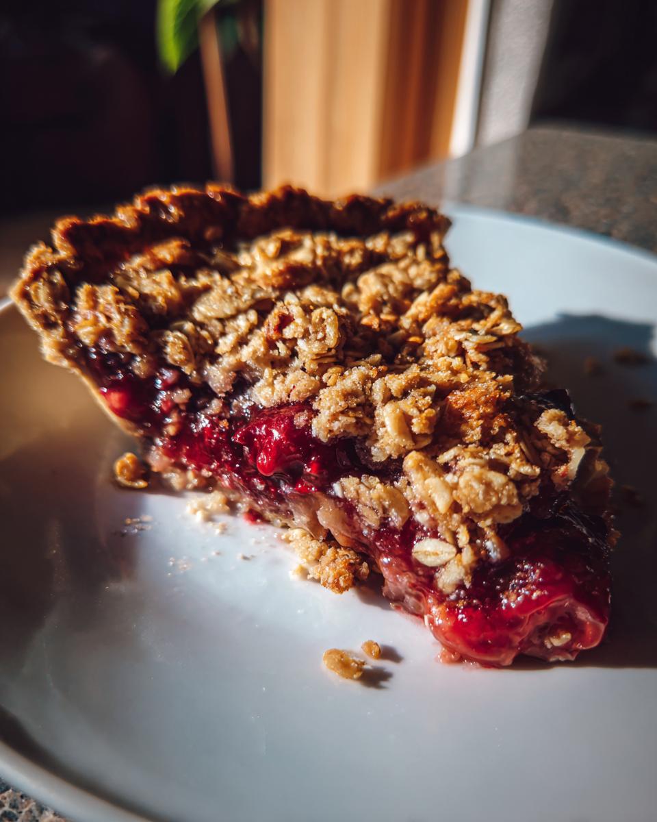 A close-up shot of a slice of sour cherry crisp on a white plate, showing the juicy filling and crumbly topping.