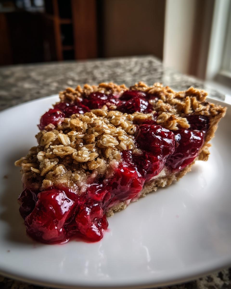 A close-up of a slice of sour cherry crisp on a white plate, showcasing the juicy cherries and crunchy oat topping.
