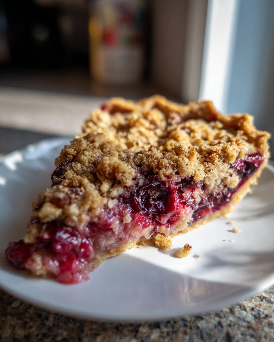 A close-up of a slice of sour cherry crisp on a white plate, showing the juicy fruit filling and crumb topping.
