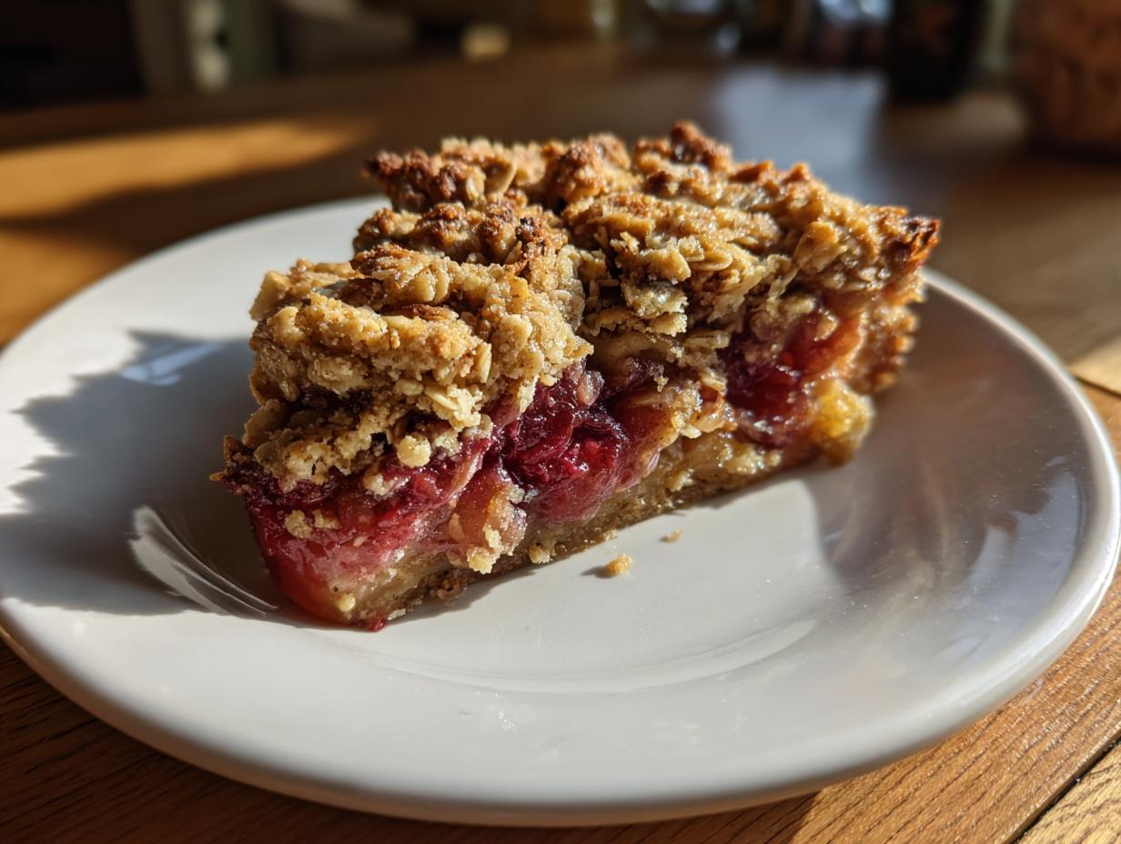 A close-up of a slice of sour cherry crisp on a white plate, showing the juicy cherry filling and crumbly oat topping.