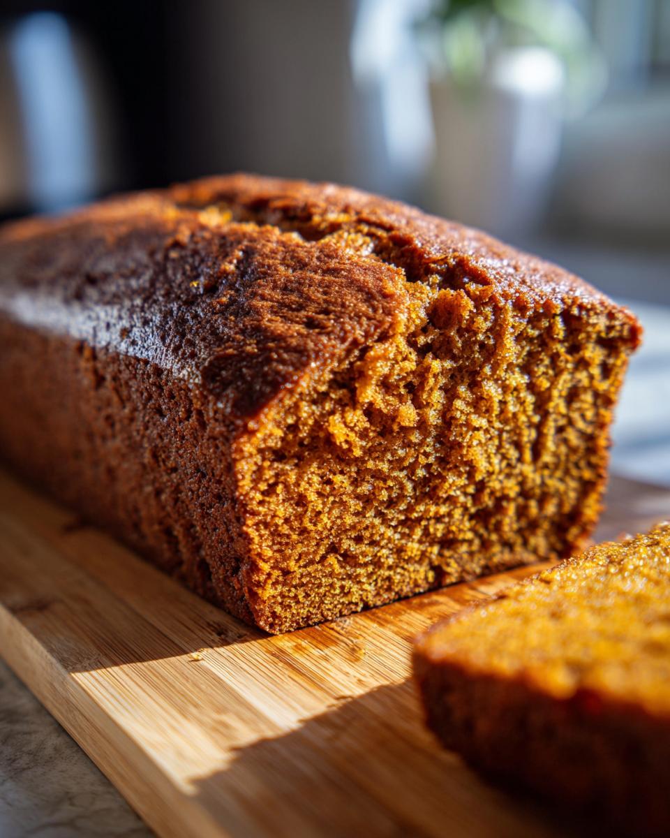 A close-up of a golden-brown sourdough pumpkin bread loaf with a slice cut, resting on a wooden board.