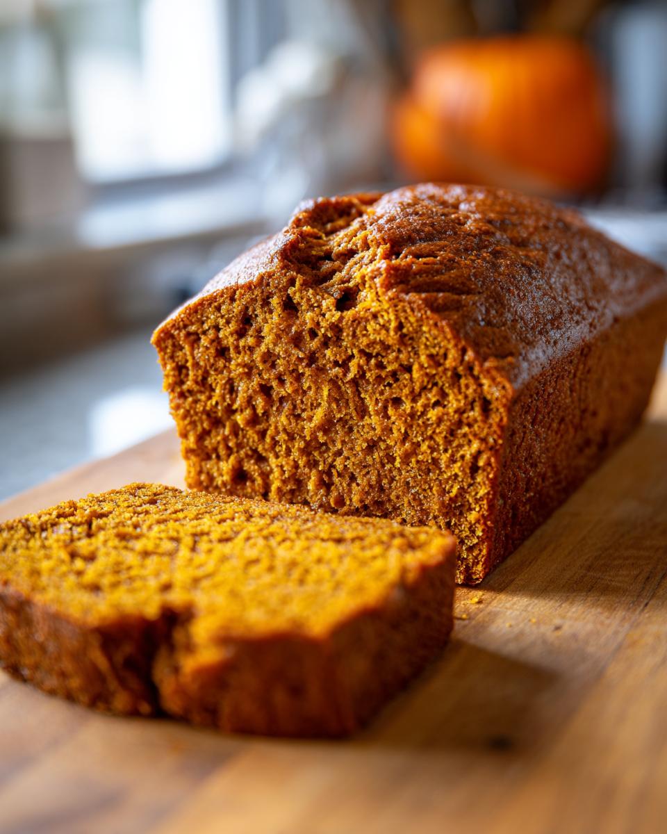 A close-up shot of a freshly baked sourdough pumpkin bread loaf with one slice cut and placed in front.