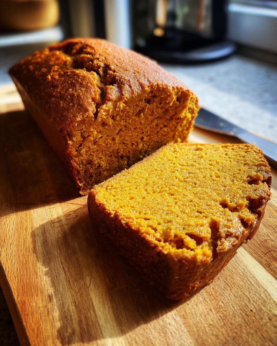 A close-up shot of a delicious sourdough pumpkin bread loaf with one slice cut, showcasing its moist texture and vibrant orange color.