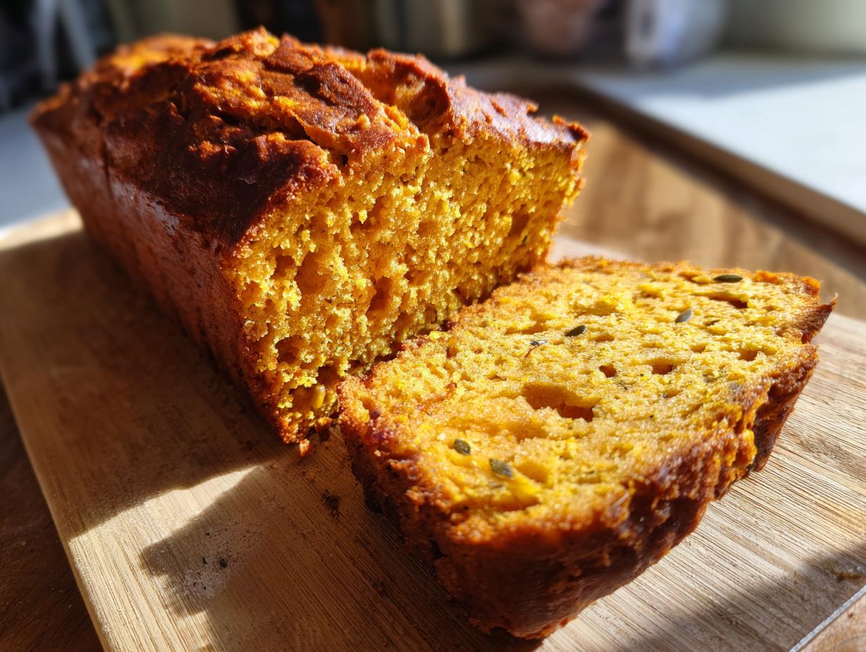 A close-up of a golden-brown sourdough pumpkin bread loaf with one slice cut, showing pumpkin seeds.